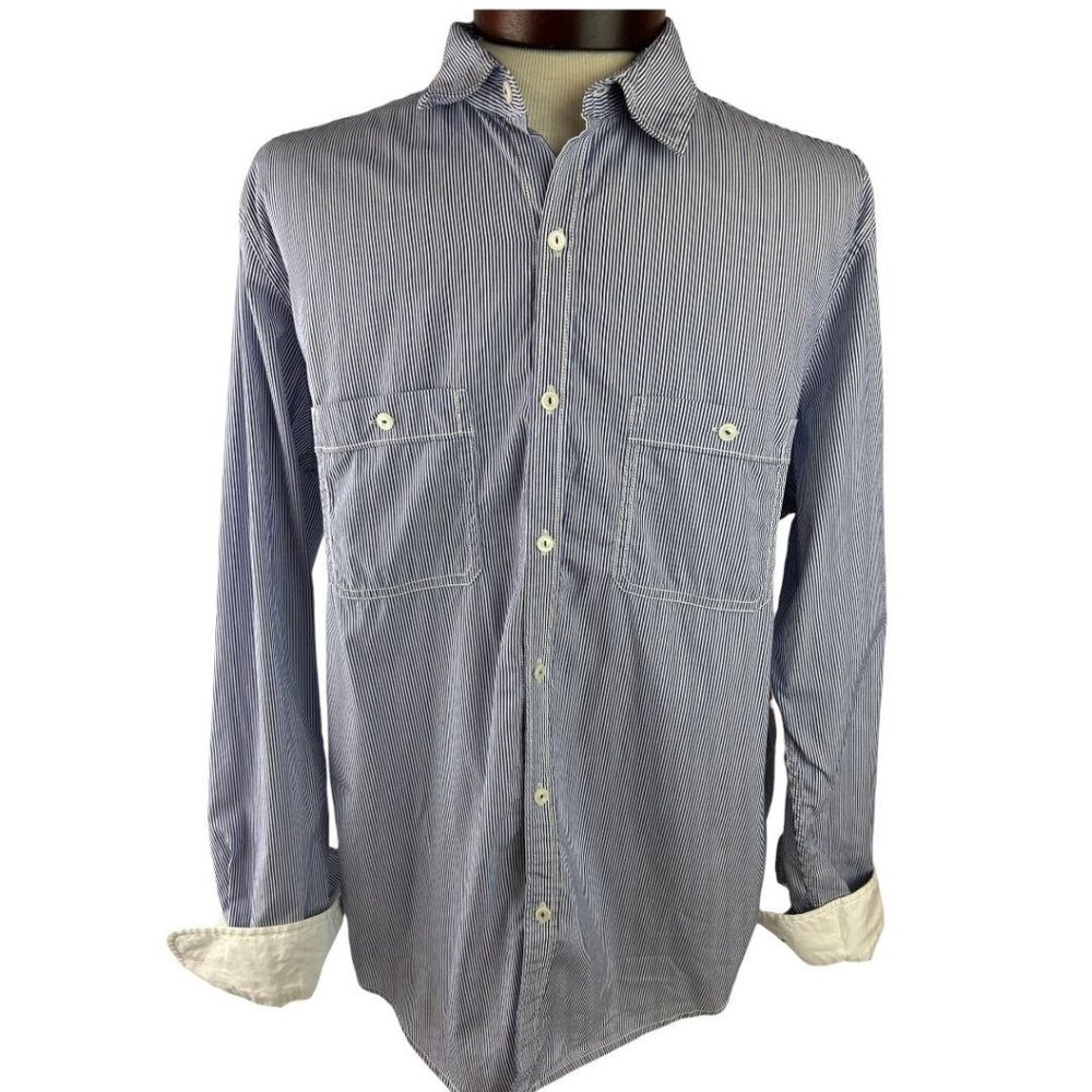 XL Tasso Elba Men's Casual Button Up Blue White Striped Contrast Cuff